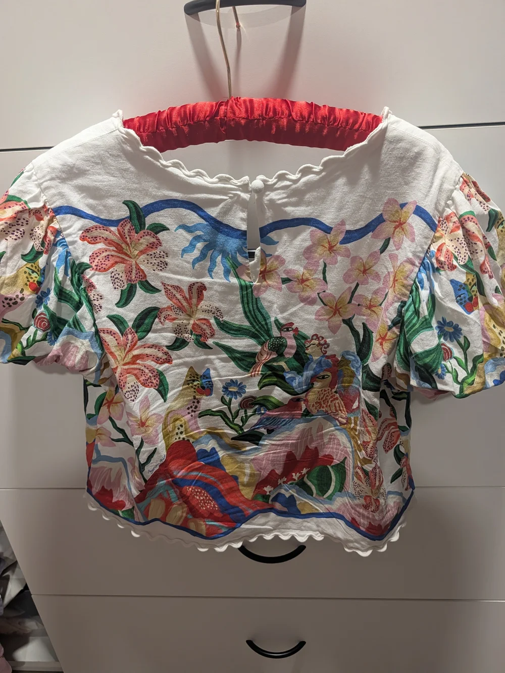Farm Rio White Floral Embroidered Puff-Sleeve Top